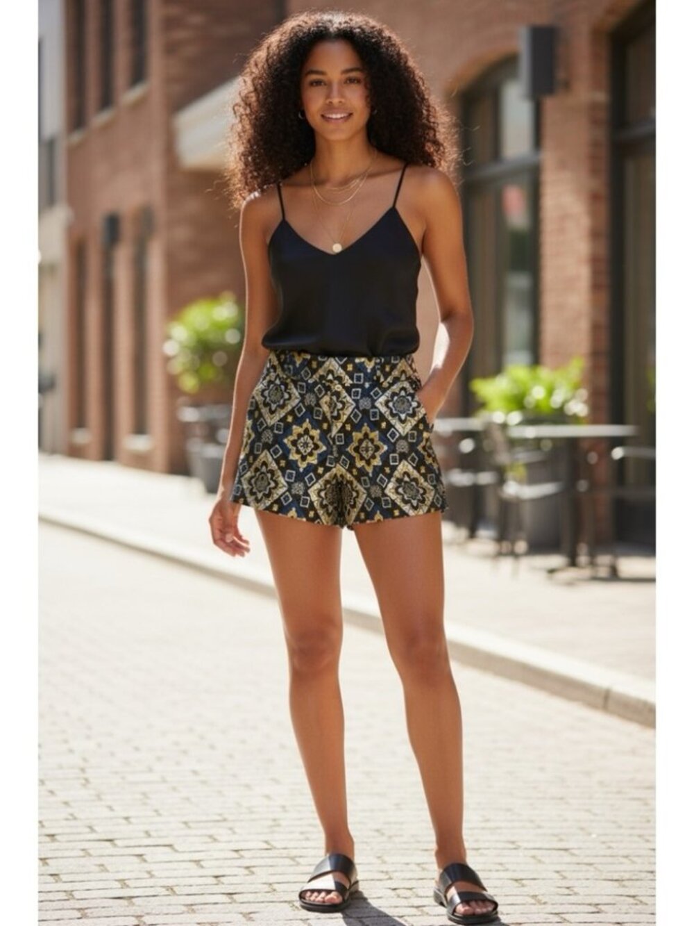 LOFT High-Waist Floral Tile Jacquard Metallic Print Shorts Black Blue Gold Sz 4